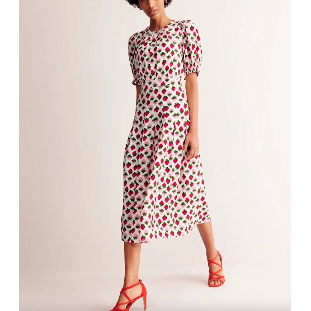 Boden Liv Strawberry Midi Dress 16 18 R Cottagecore Puff Sleeve Pleat Novelty